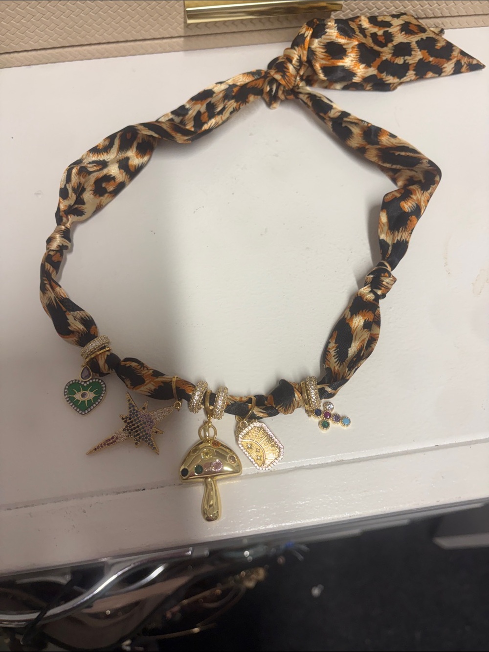 Leopard Print Charm Scarf Necklace with Gold Mushroom and Star Charms
